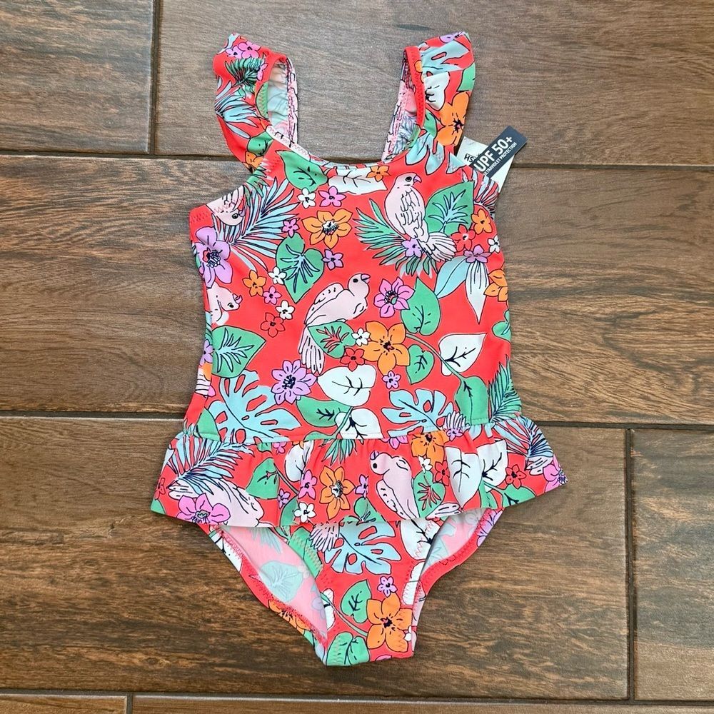 OshKosh Hawaiian Baby Girl 24M Swimsuit Ruffle Floral Beach Toddler UPF 50 NWT